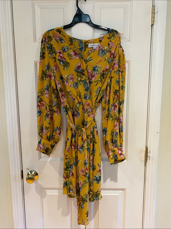 Emma & Michele Dresses & Skirts - Emma & Michele Mustard Yellow Floral Long-Sleeve Wrap Dress
